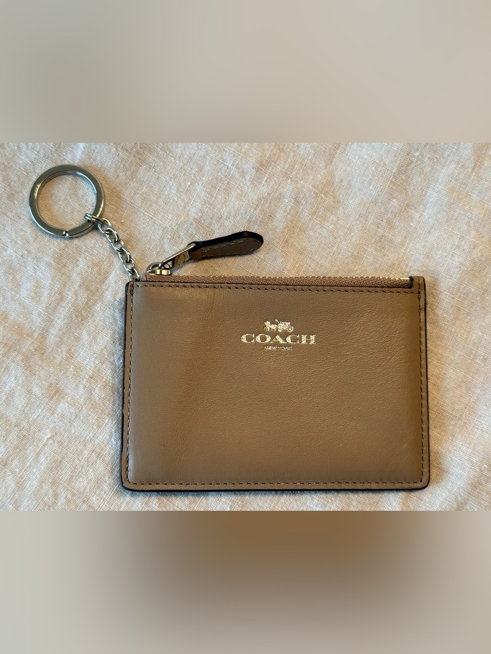 Coach Taupe Leather Card Holder with Zip Pouch & Keychain